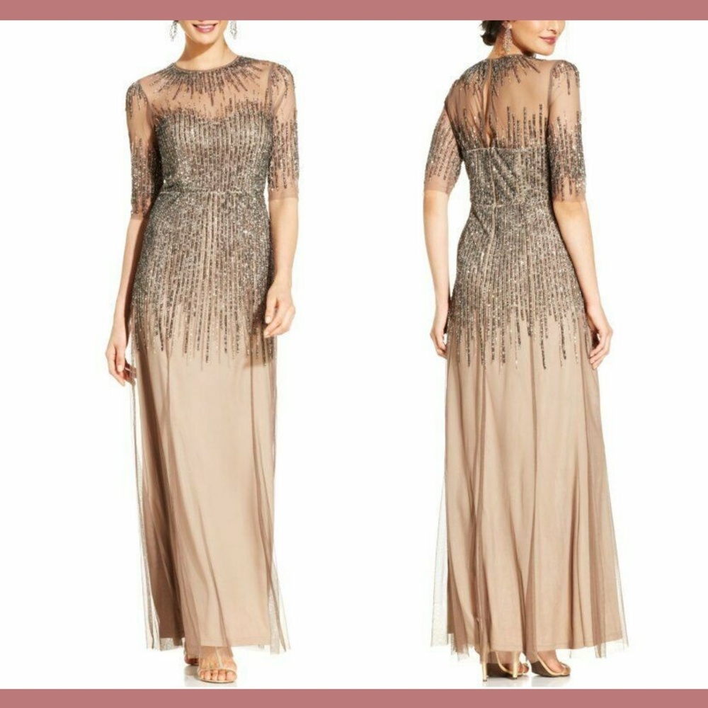 NEW Adrianna Papell Embellished Illusion Yoke Mesh Gown in Lead [SZ‎ 2 ]